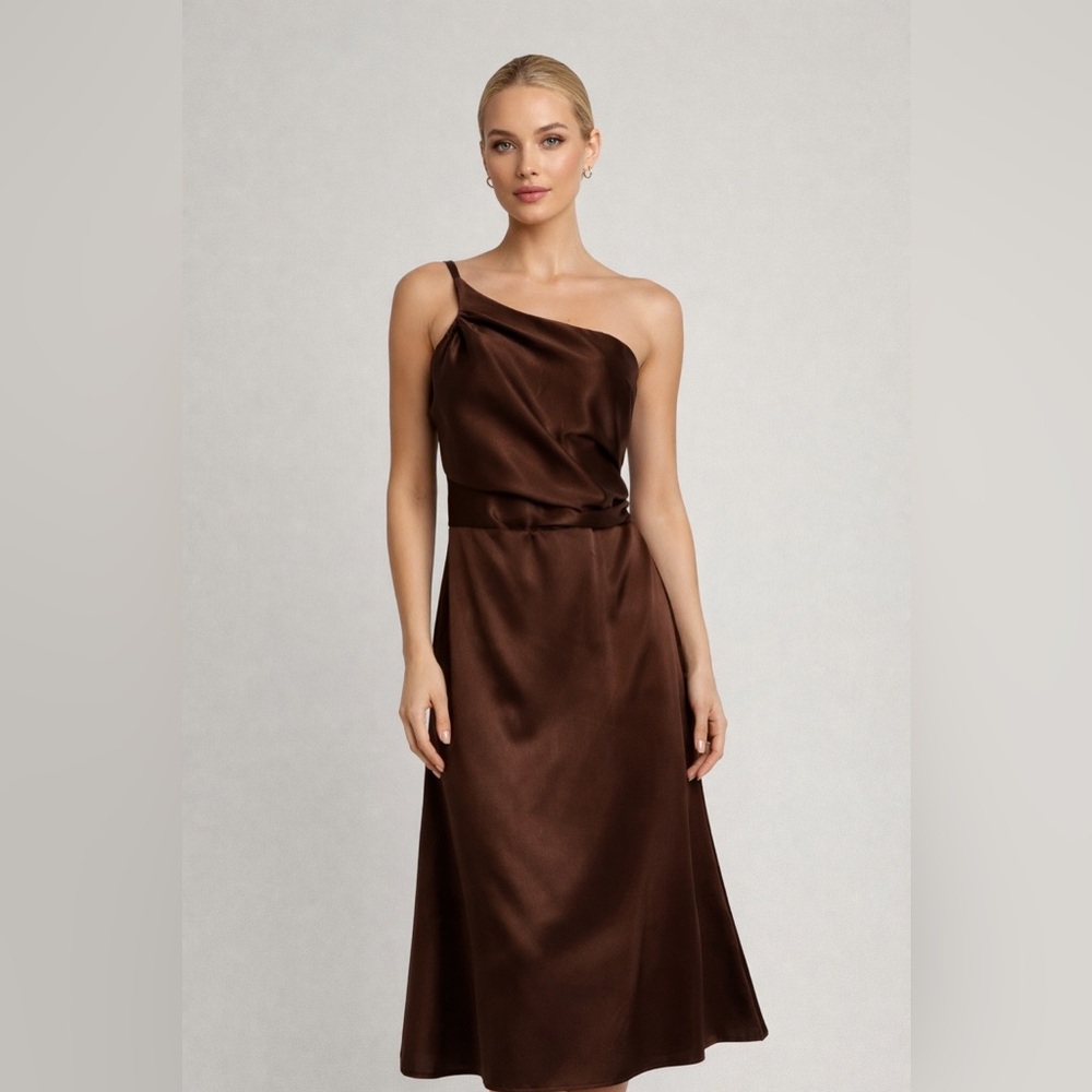 Macy's Wedding Guest Elegant One-Shoulder Satin Midi Dress – Chocolate Brown
